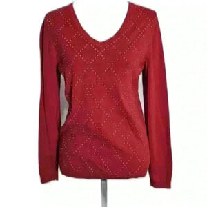 Elegant Red V-Neck Sweater with Metallic Accents
